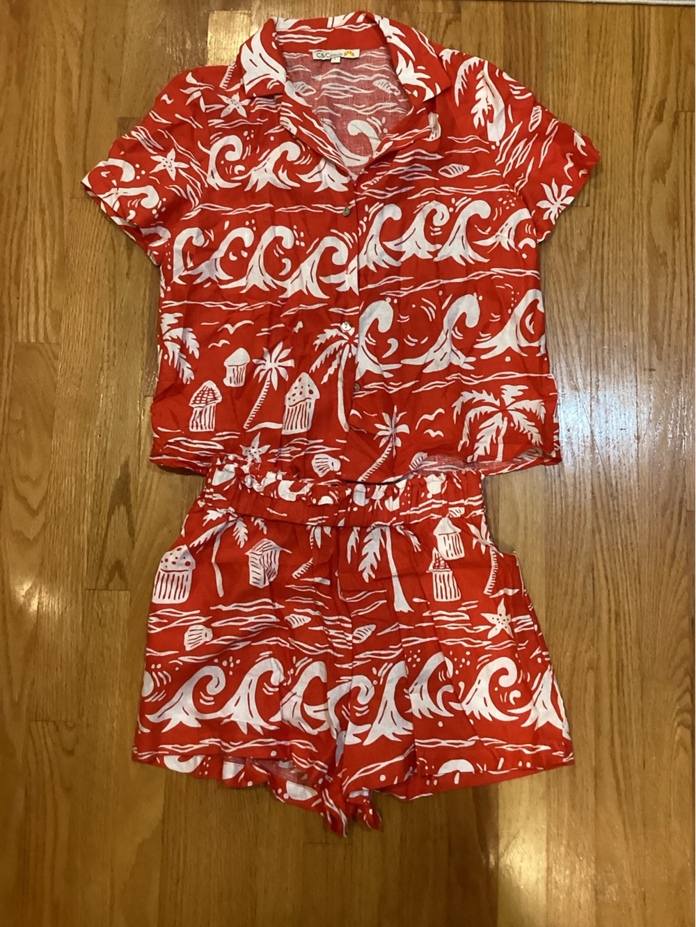 C&C California Red and White Tropical Print Bermuda Shorts and Top